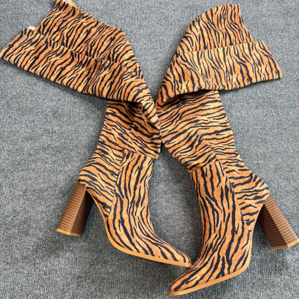 Miss Lola Carrie Tiger Print Over The Knee Boots Block Heel Pointed Toe Size 8
